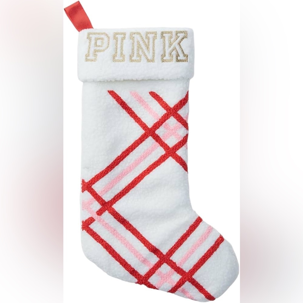 PINK by Victorias Secret Sherpa White Pink Red Christmas Stockings (3)